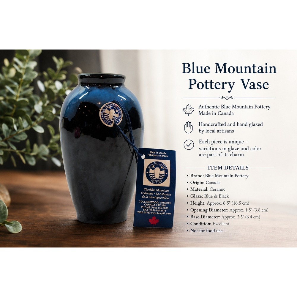 Blue Mountain Pottery JL Splash 402 Blue Black Glaze Bud Vase Canada Vintage 6in